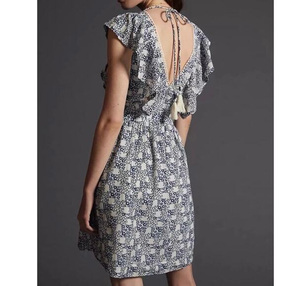 ANTHROPOLOGIE V-Neck V-Back Plunge Blue Dot Floral Tunic Mini Dress Size Small - Picture 2 of 6